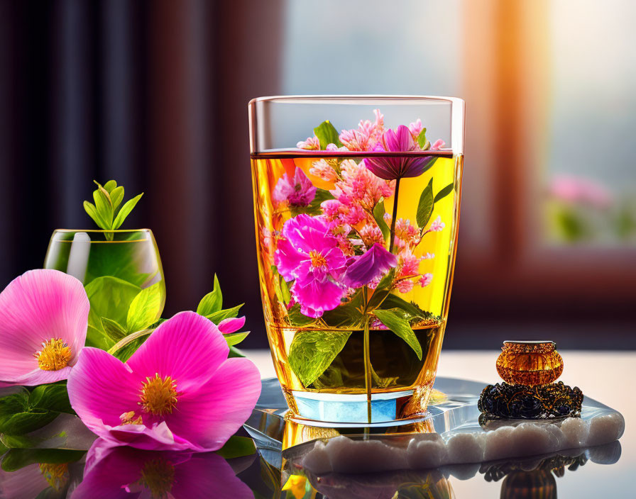 Herbal Tea Glass with Pink Flowers, Sunlit Window, Honey Jar