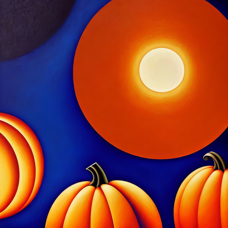 Vibrant pumpkin painting on deep blue background with warm circular motif