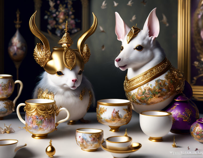 Ornately adorned rabbits with golden headpieces among porcelain teacups