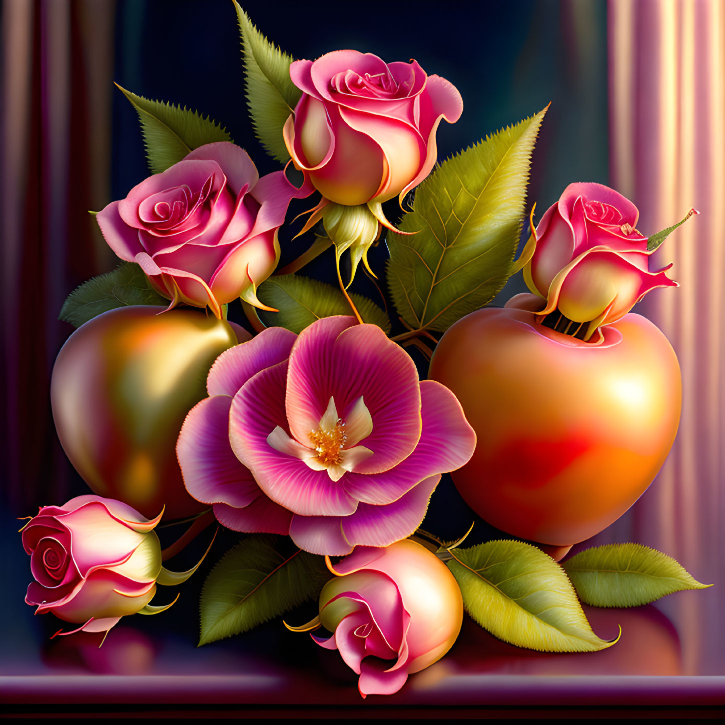 Colorful digital artwork: Pink roses, green leaves, purple flower, red apples on dark background