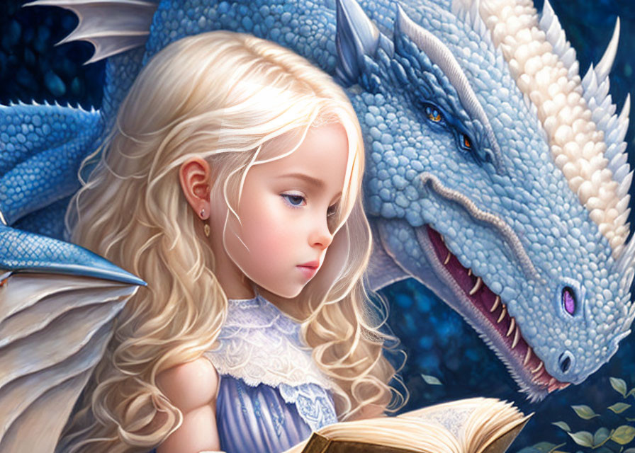 Blonde girl reading book next to gentle blue dragon