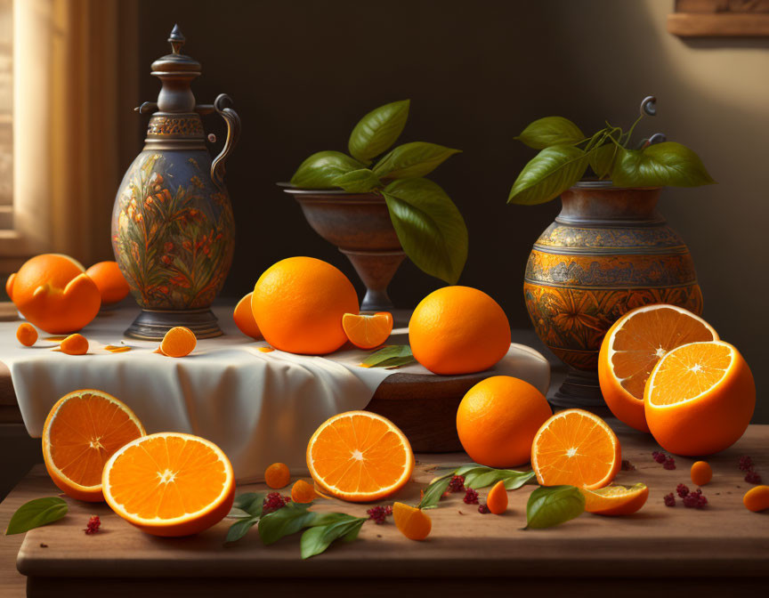 Fresh Oranges Still Life with Vases and Green Plants