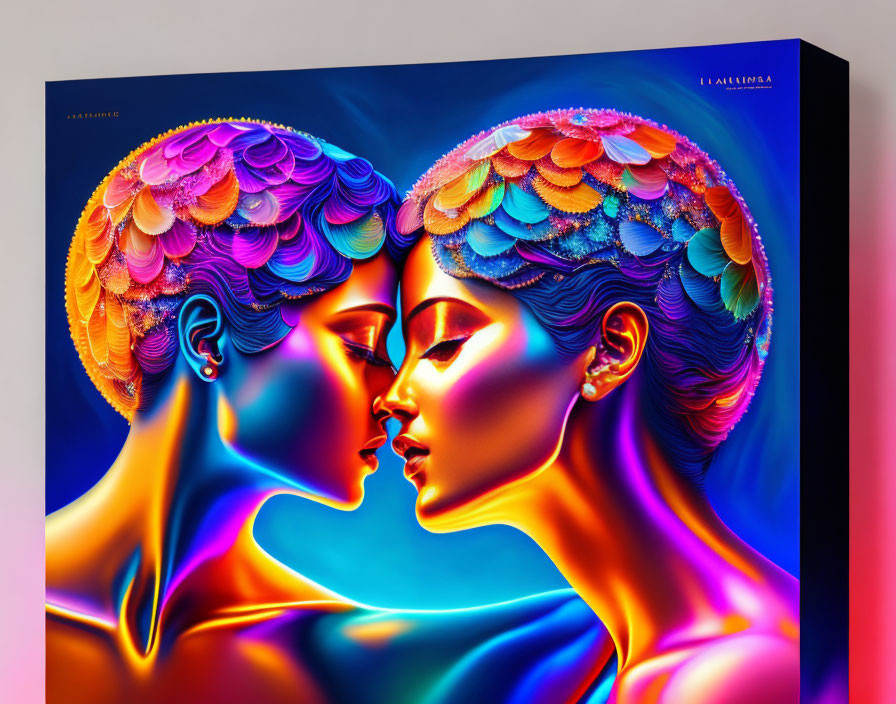 Colorful digital artwork: Two women profiles with feather-like hair on dark background