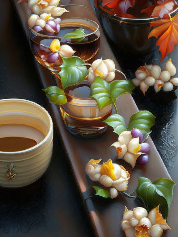 Japanese Wagashi and Tea Set on Lacquered Tray with Autumn Leaves