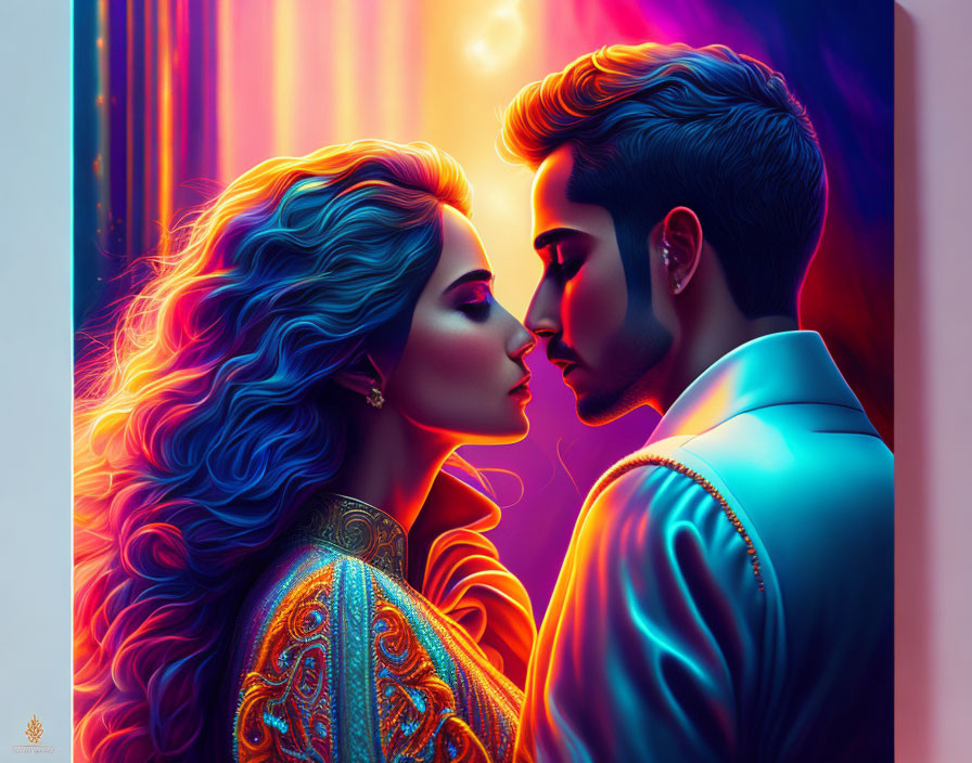 Colorful digital artwork of man and woman in profile with vibrant lighting and stylish attire