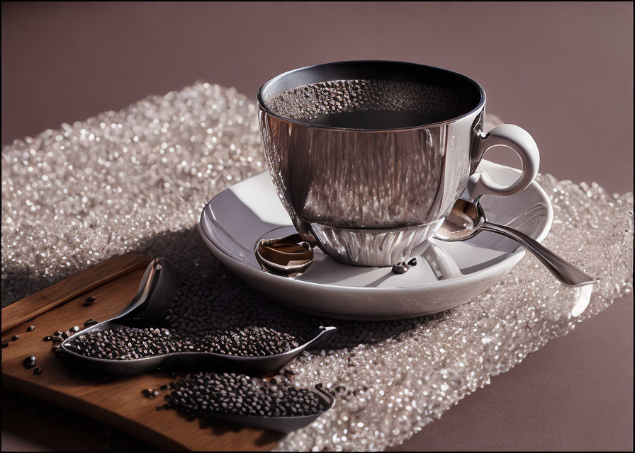 Metallic Coffee Cup and Saucer Set with Coffee Beans and Beads on Wooden Tray