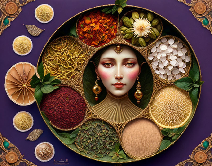 Colorful Spice Mosaic Surrounding Woman's Face