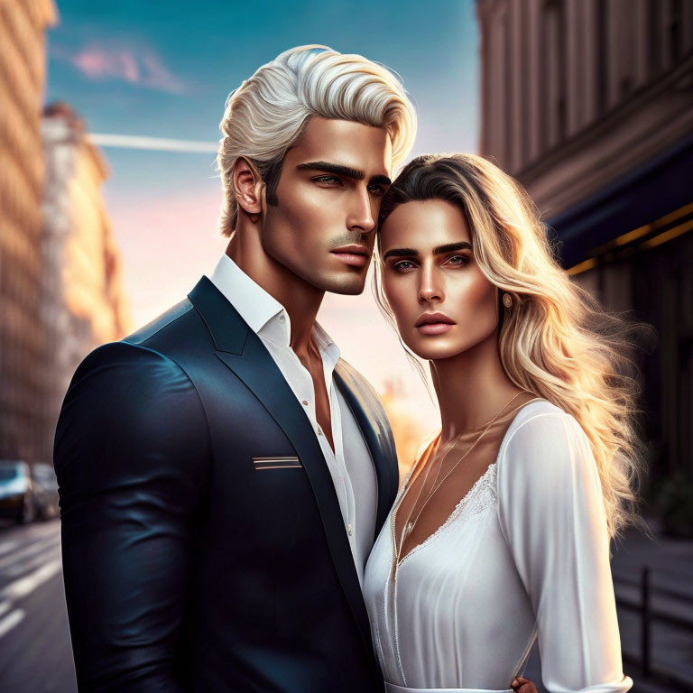 Stylish couple digital artwork in urban setting at golden hour