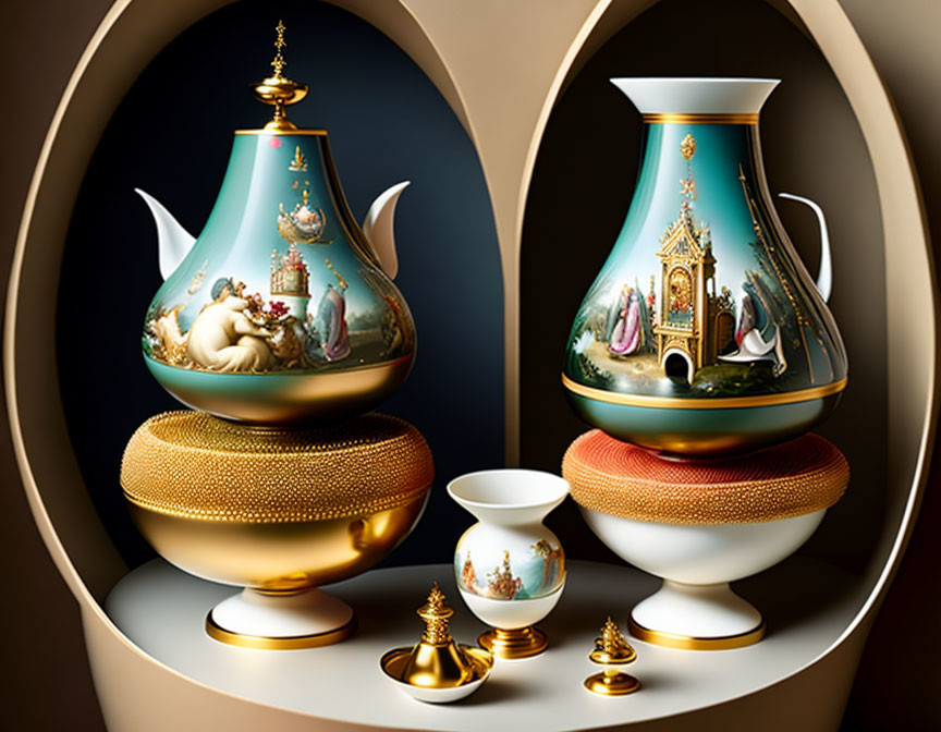 Ornate vases with classical paintings, golden eggs, cups on curved shelf