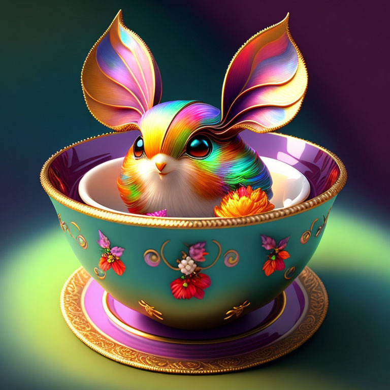 Colorful Rabbit with Butterfly Ears in Decorated Teacup