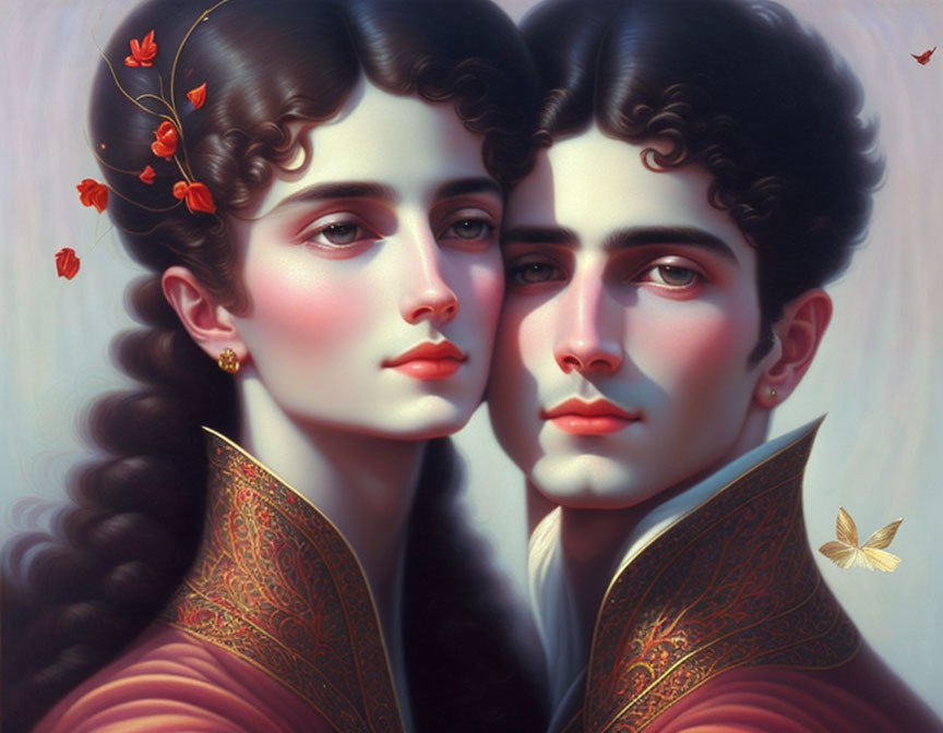 Man and woman digital painting with ethereal look, detailed clothing, and butterflies in soft background