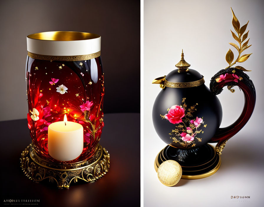 Ornate red glass candle holder and black teapot with floral designs