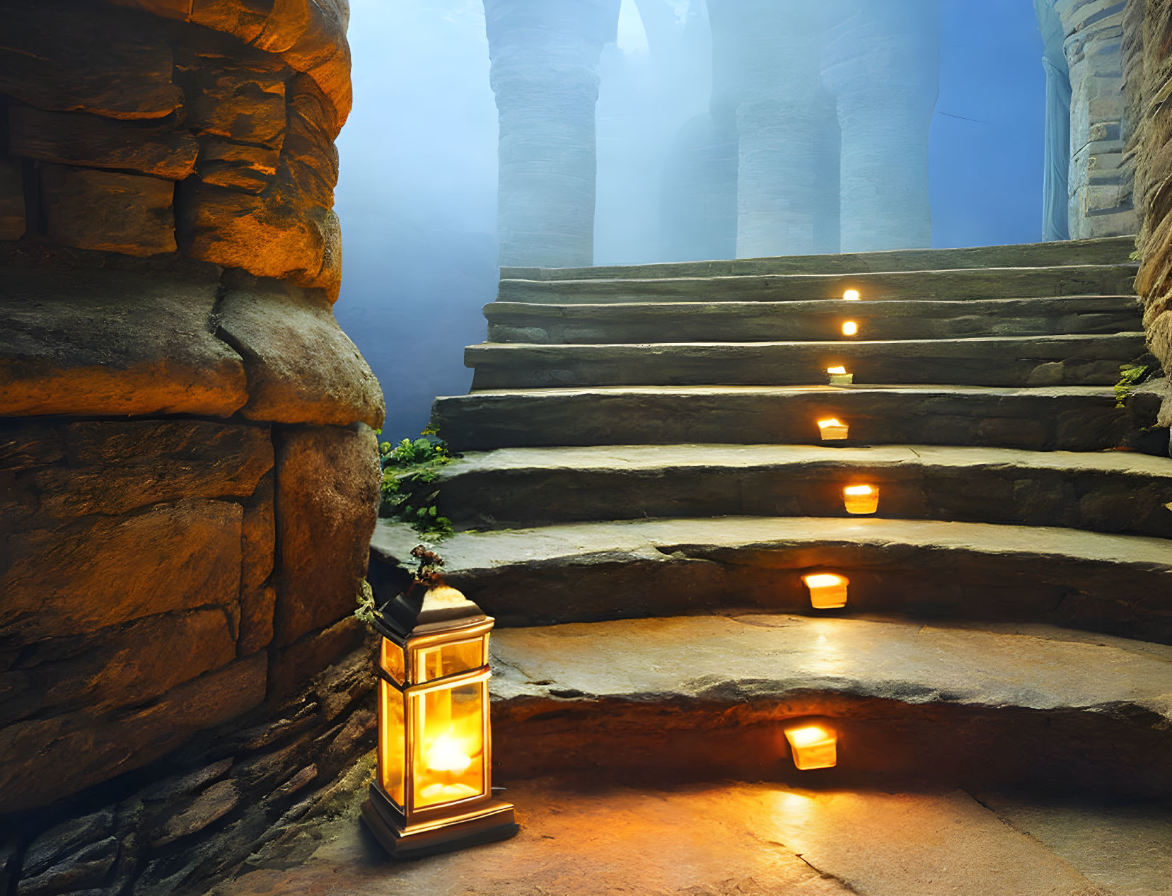 Stone Staircase with Lit Lanterns in Mystical Forest Twilight