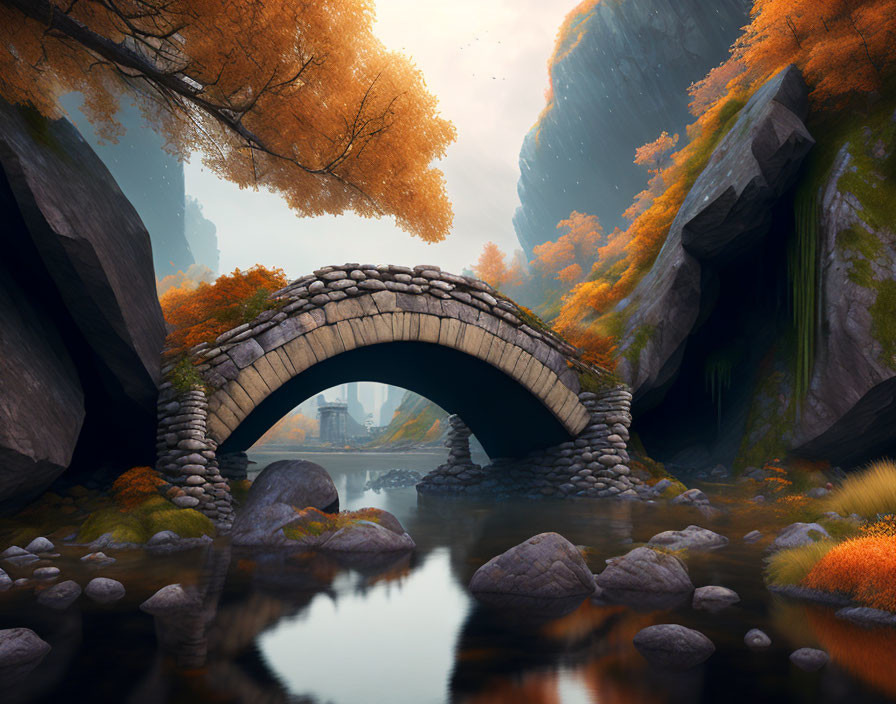 Tranquil autumn landscape with stone bridge over river