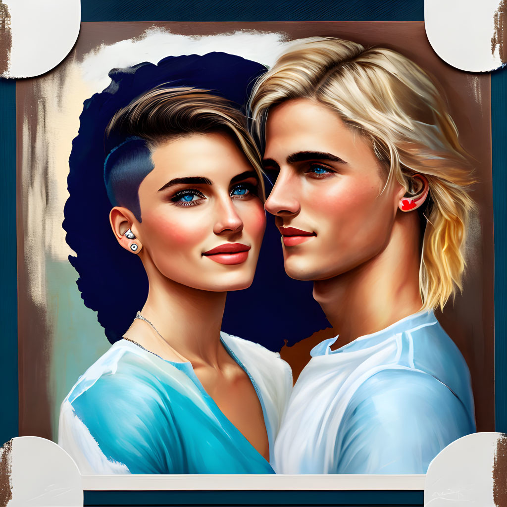Stylized couple with contrasting hair colors in framed portrait