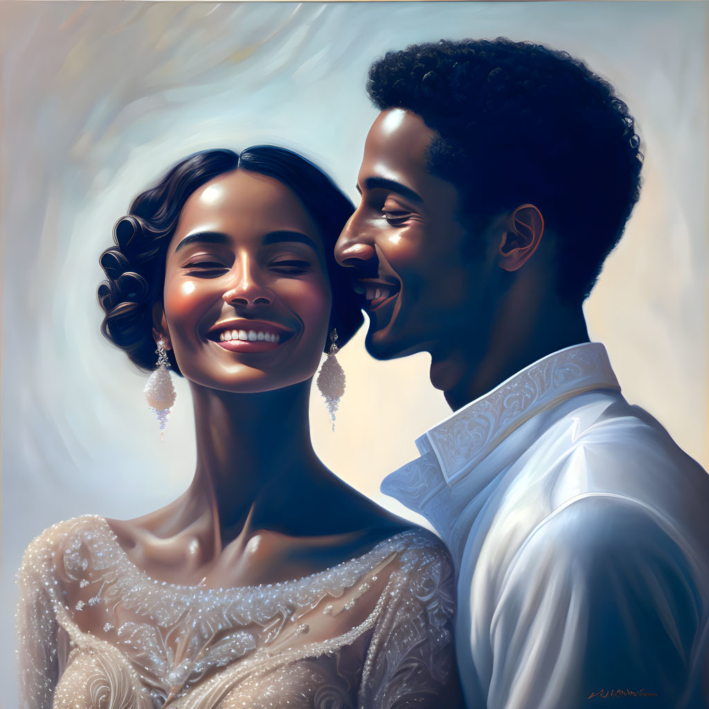 Formal Attire Couple Smiling Joyfully in Radiant Moment