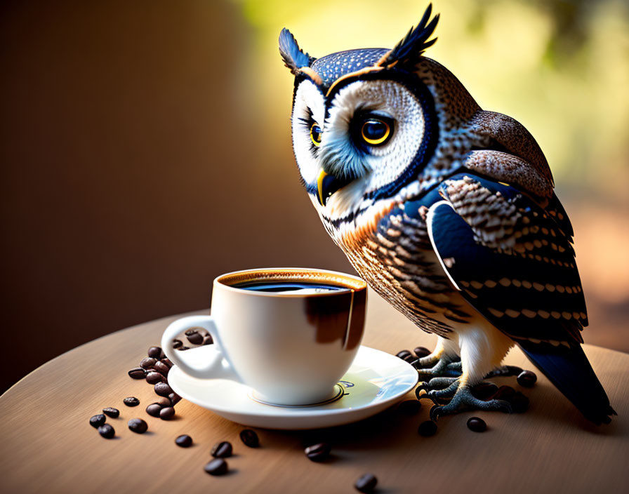 Illustrated owl with yellow eyes beside coffee cup and beans on wooden table