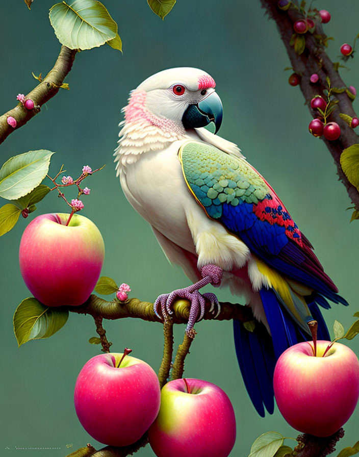 Colorful Parrot on Branch with Red Apples and Pink Blossoms in Grey Background