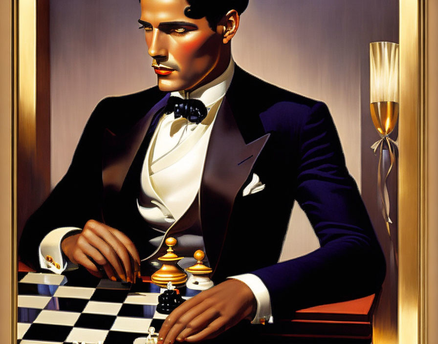 Elegant man in tuxedo playing chess on golden backdrop