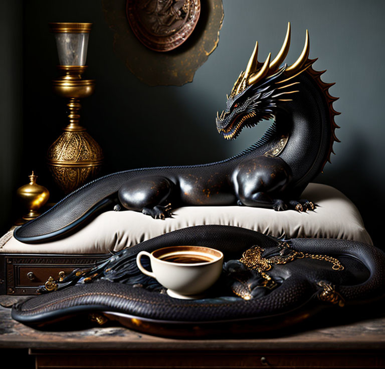 Black dragon figure with golden accents on cushion amidst vintage items and coffee cup