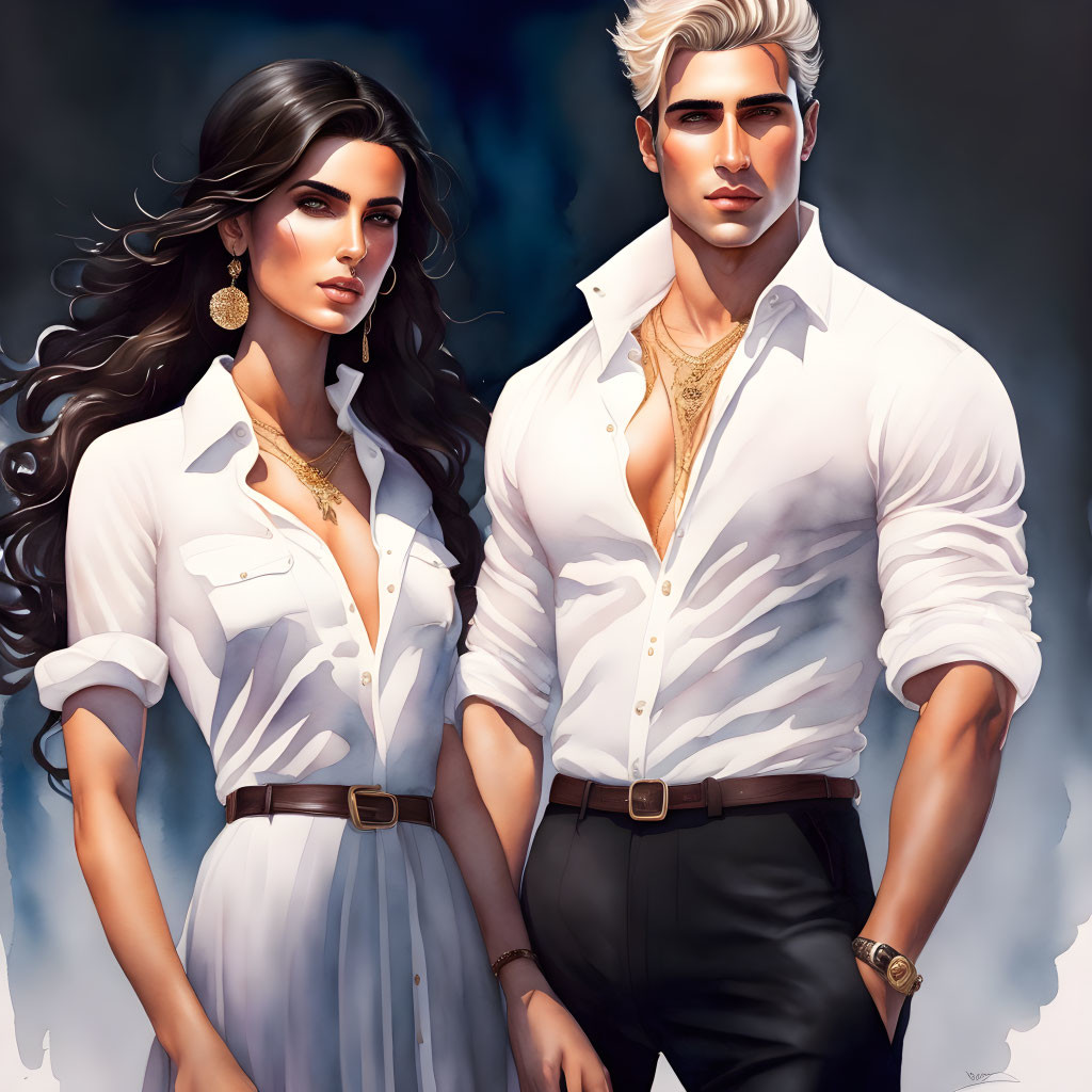 Stylish man and woman in white shirts with confident expressions