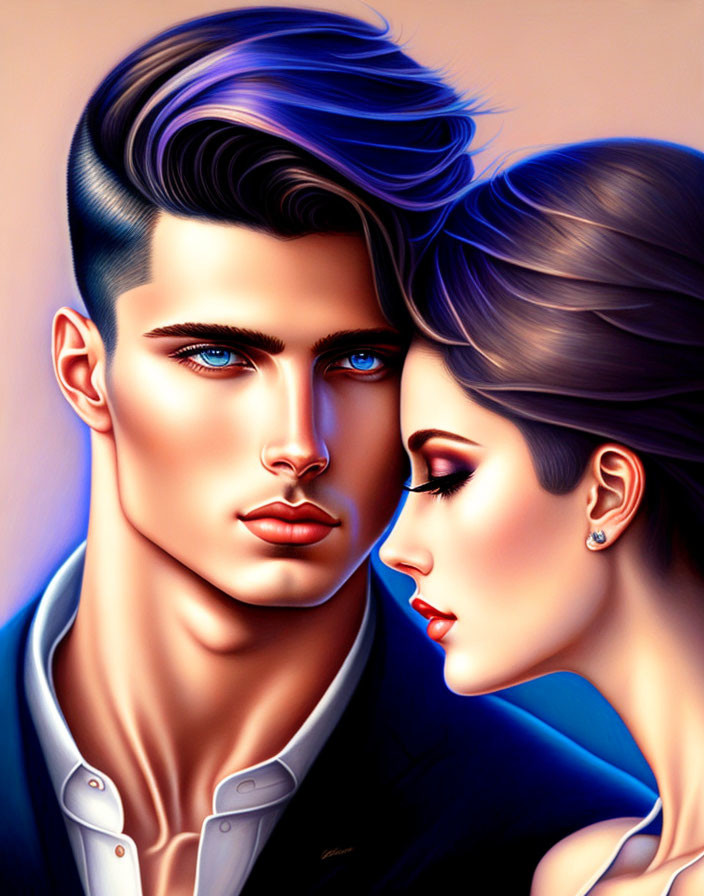 Vibrant digital artwork of stylized man and woman in close profile