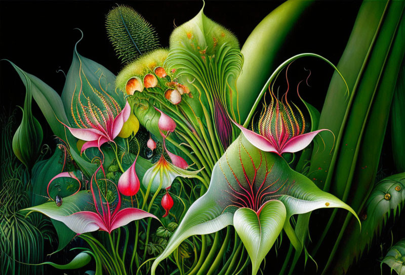 Colorful surreal flower painting on dark background