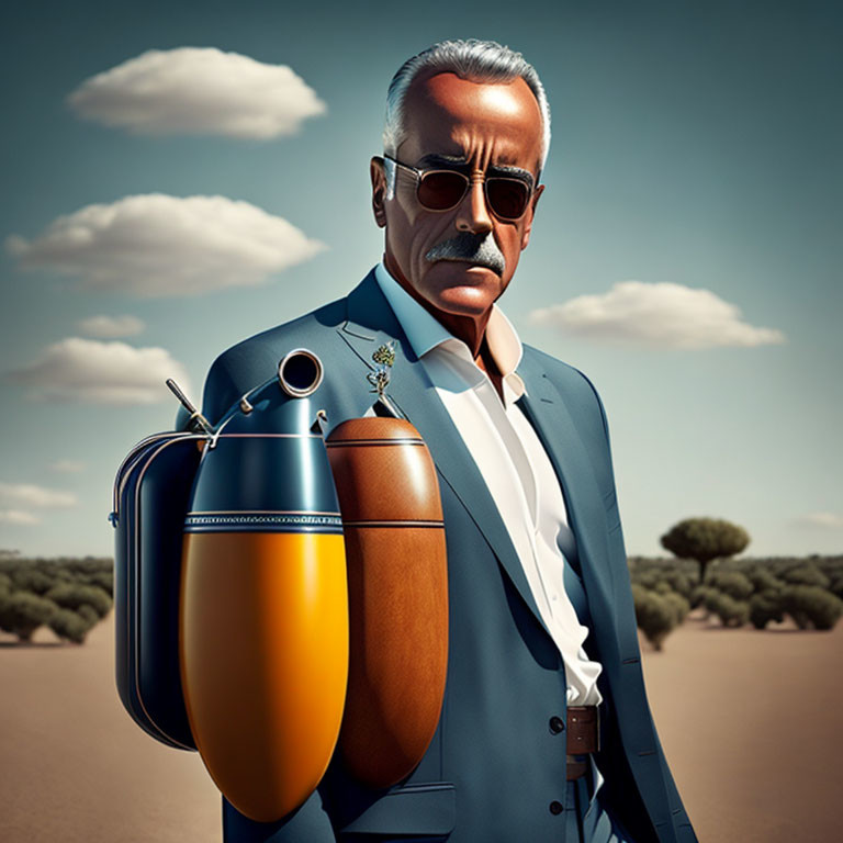 Illustration of man with grey mustache in blue suit with thermos flask in desert