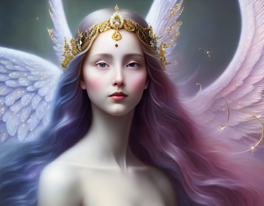 Fantasy digital artwork of female figure with violet hair and blue wings