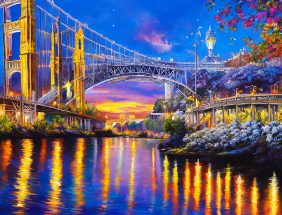 Colorful sunset painting of suspension bridge over reflective river