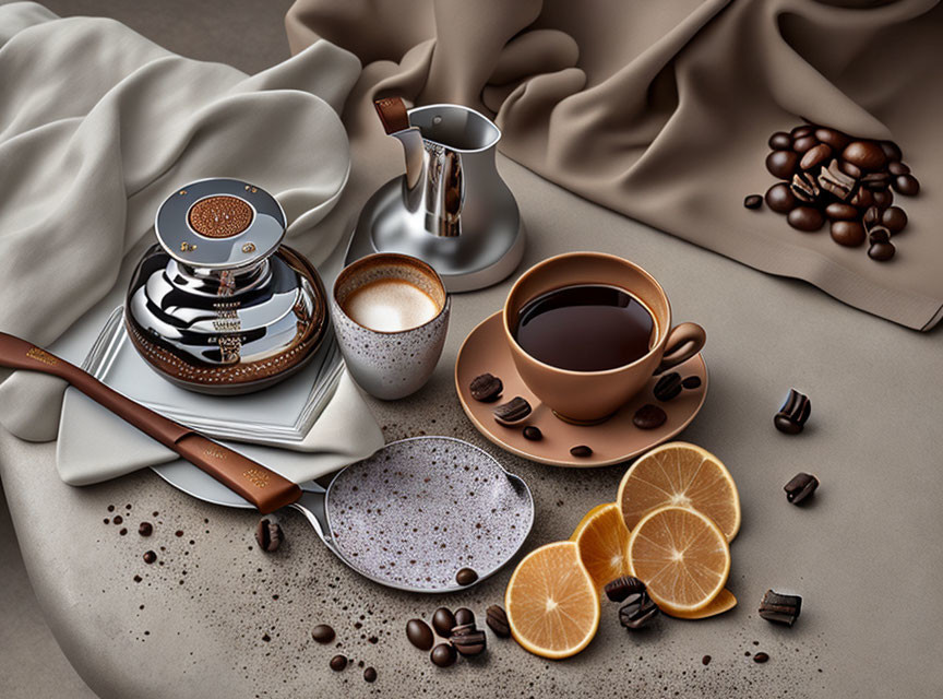 Sophisticated coffee arrangement with black coffee, milk jug, coffee maker, chocolate, dried orange,