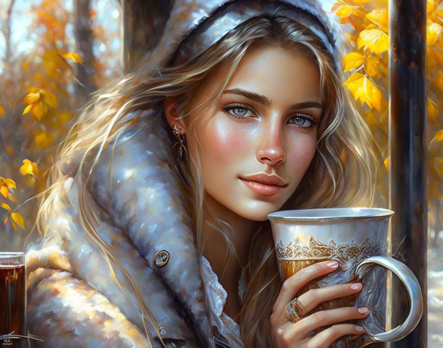 Blonde woman with blue eyes holding mug in autumn setting