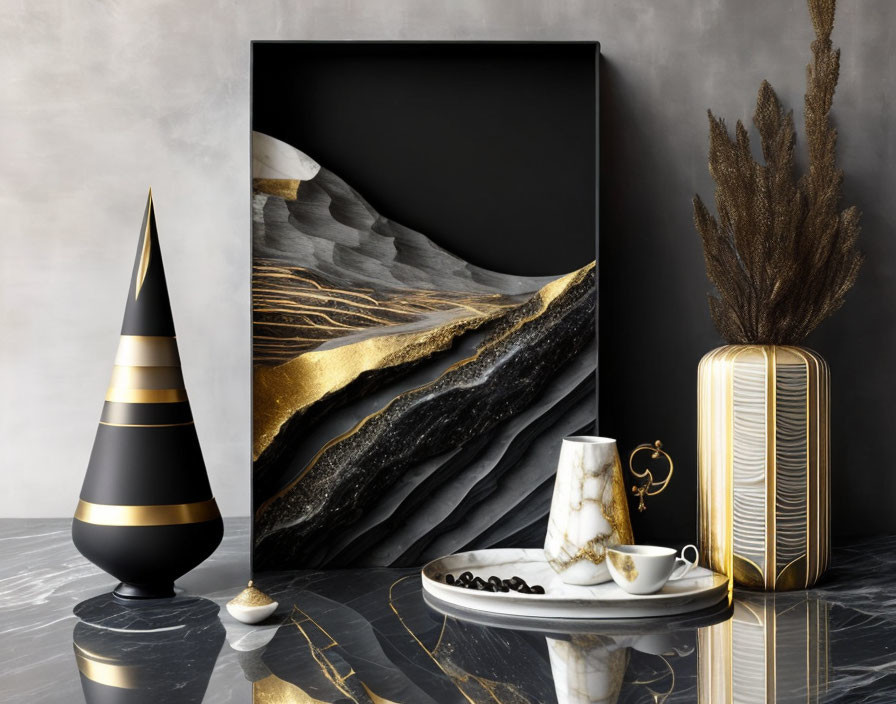 Monochrome Striped Cone with Abstract Art and Gold Accents