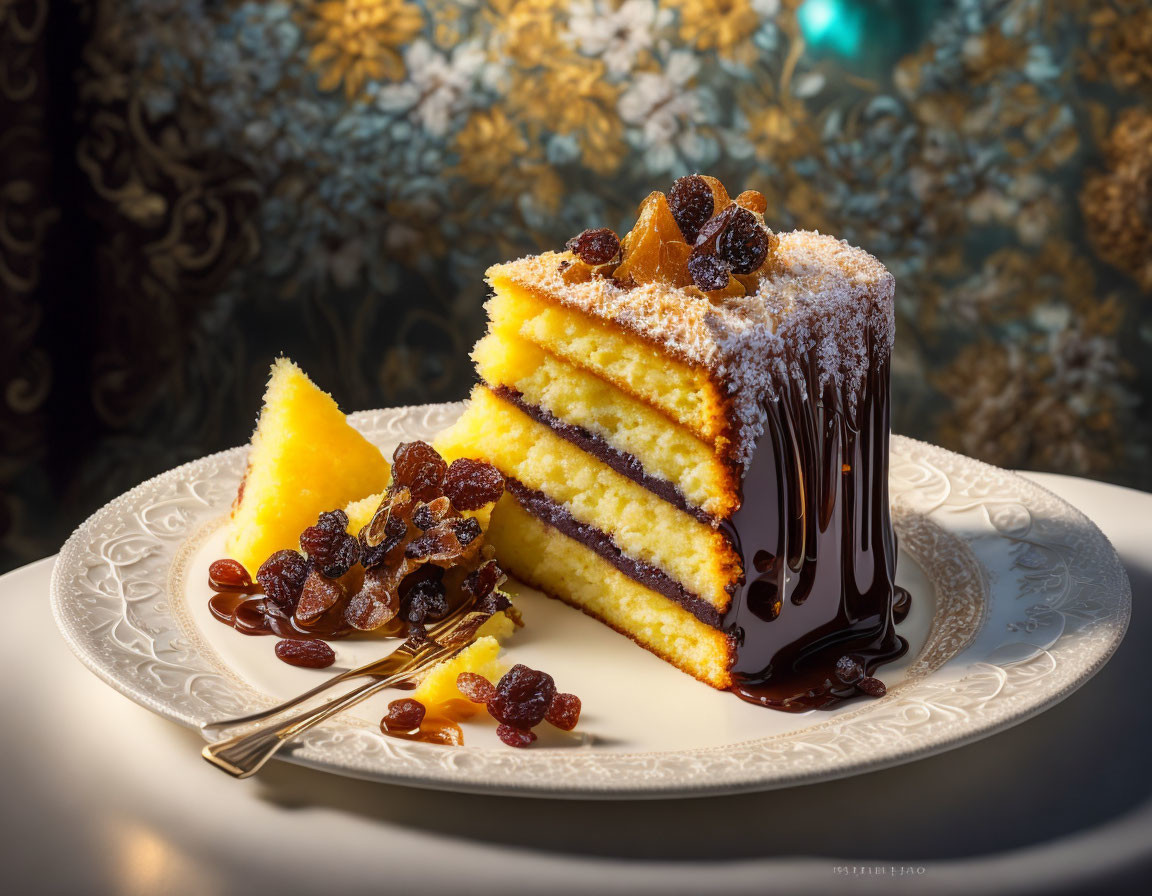 Layered sponge cake with chocolate ganache and raisins on white plate