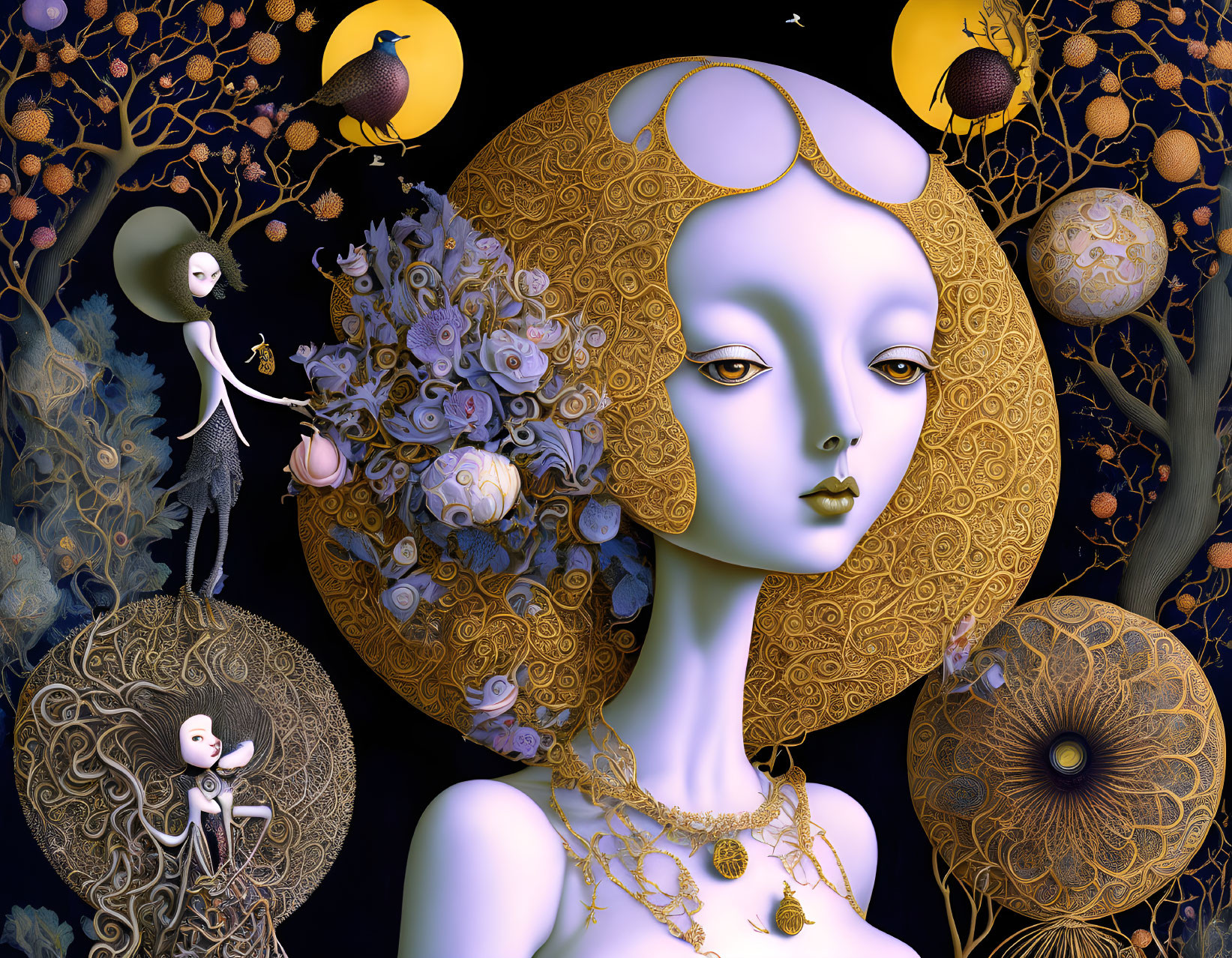 Surreal artwork: Pale woman with golden patterns, fantastical elements, small figures, celestial orbs