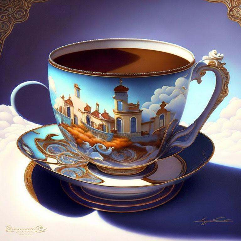 Golden-accented cup and saucer with reflective townscape on serene sky background