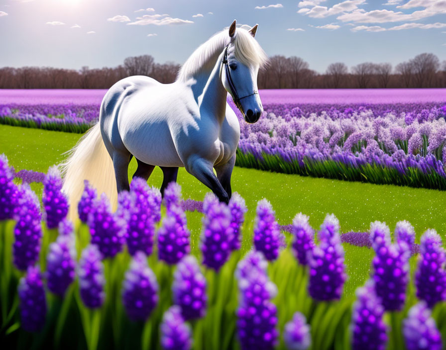 White Horse in Field of Purple Flowers and Blue Sky