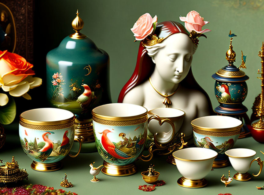 Serene female bust with porcelain cups, vase, and roses