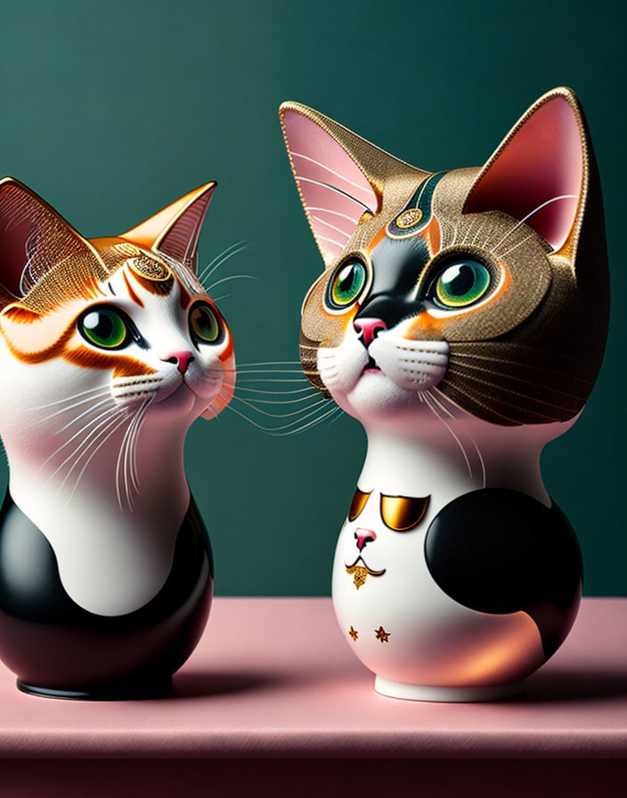 Ornate Ceramic Cat Figurines on Teal Background