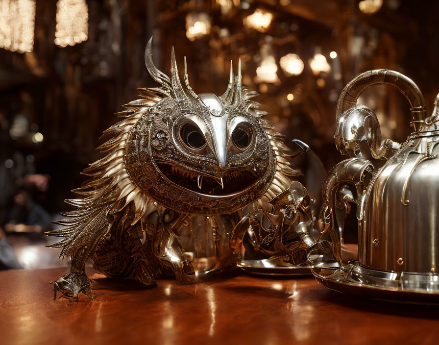 Intricate metallic dragon sculpture next to silver teapot on wooden surface