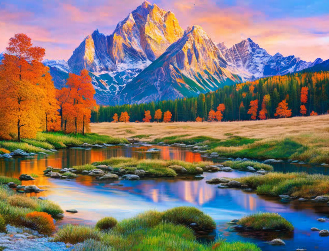 Golden trees, tranquil river, snow-capped mountains: Vibrant autumn landscape.