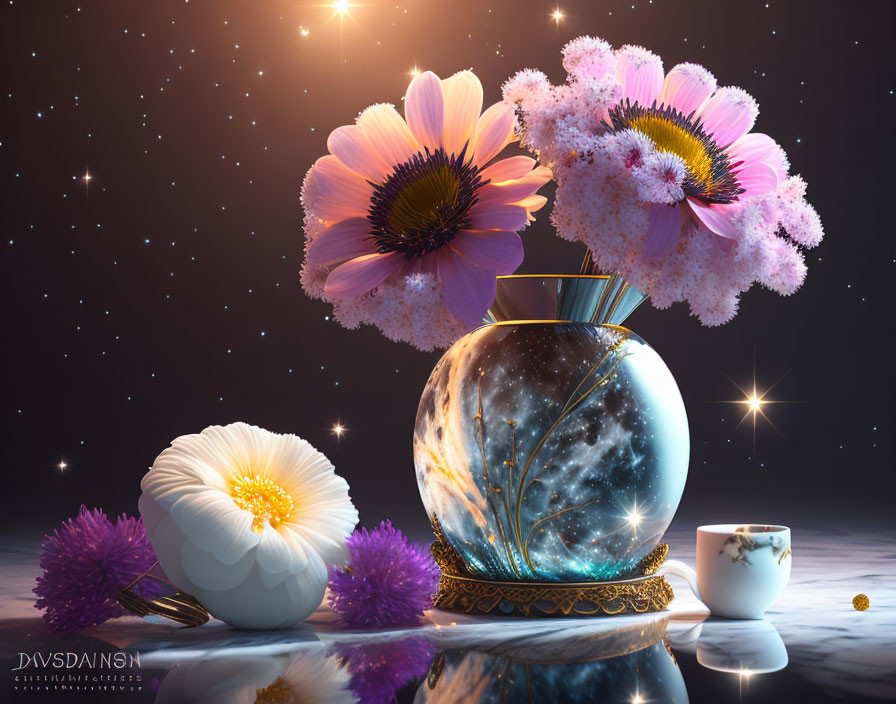 Surreal composition: Galaxy vase, vibrant flowers, decorative objects, starry backdrop