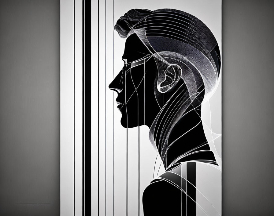 Abstract monochrome profile with geometric overlays.