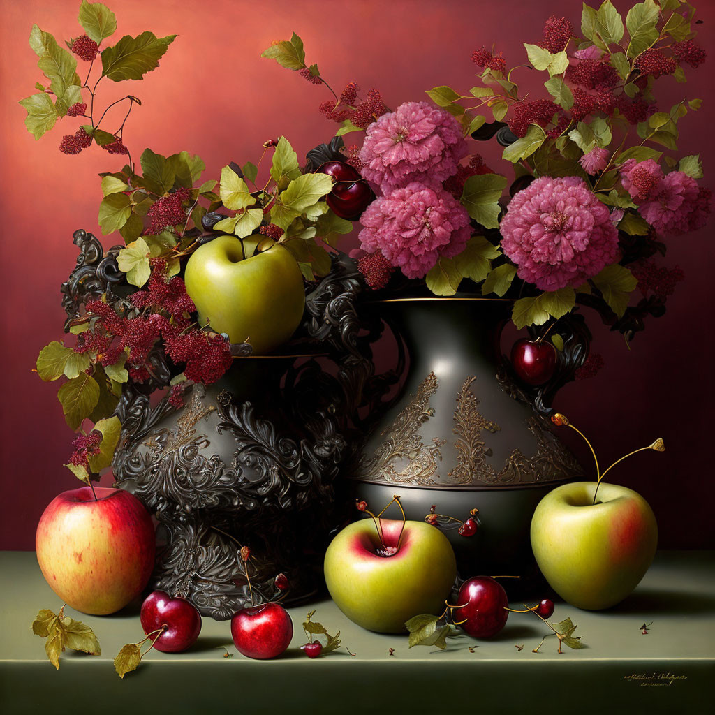 Ripe apples, cherries, pink flowers in dark vase on reddish-brown backdrop