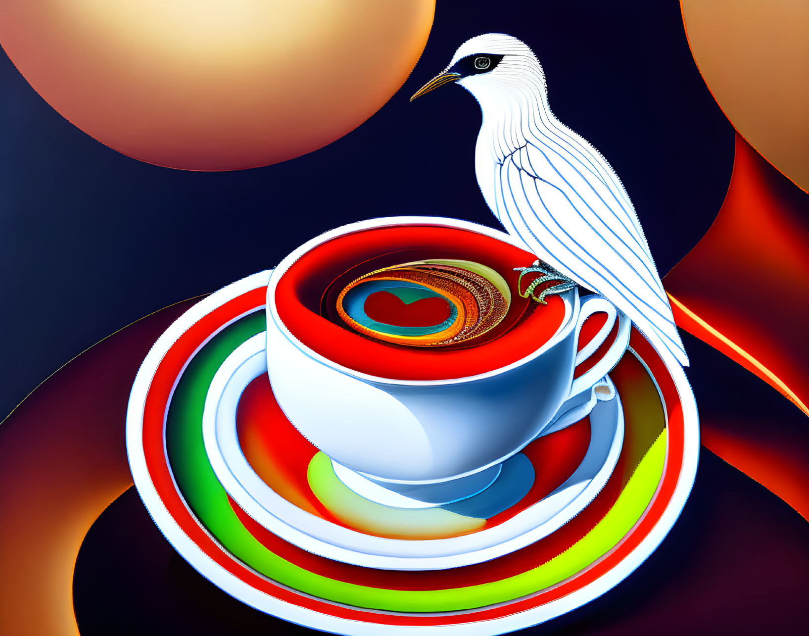 Stylized image of white bird with colorful coffee cup on dark background