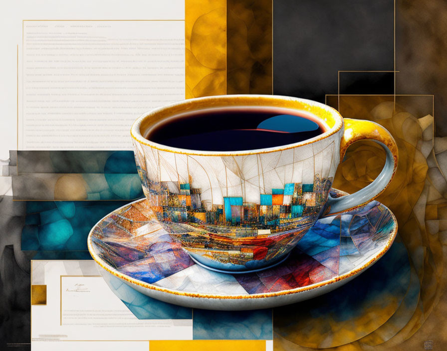 Colorful Abstract Cityscape Coffee Cup Artwork on Geometric Background