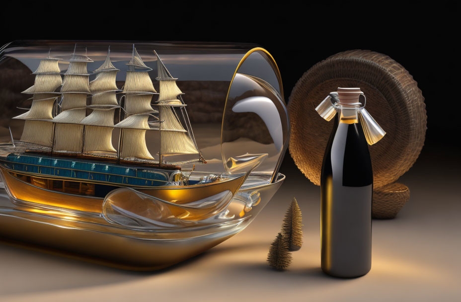 Ship model in glass bottle with dark bottle and hat object on reflective surface