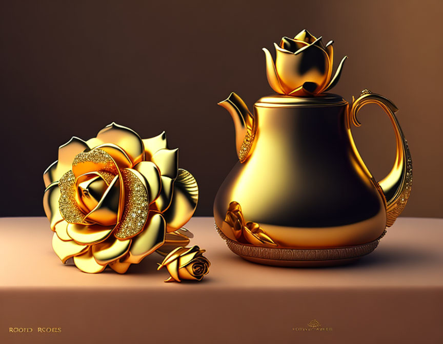 Golden teapot with handle and spout decorated with roses on brown surface