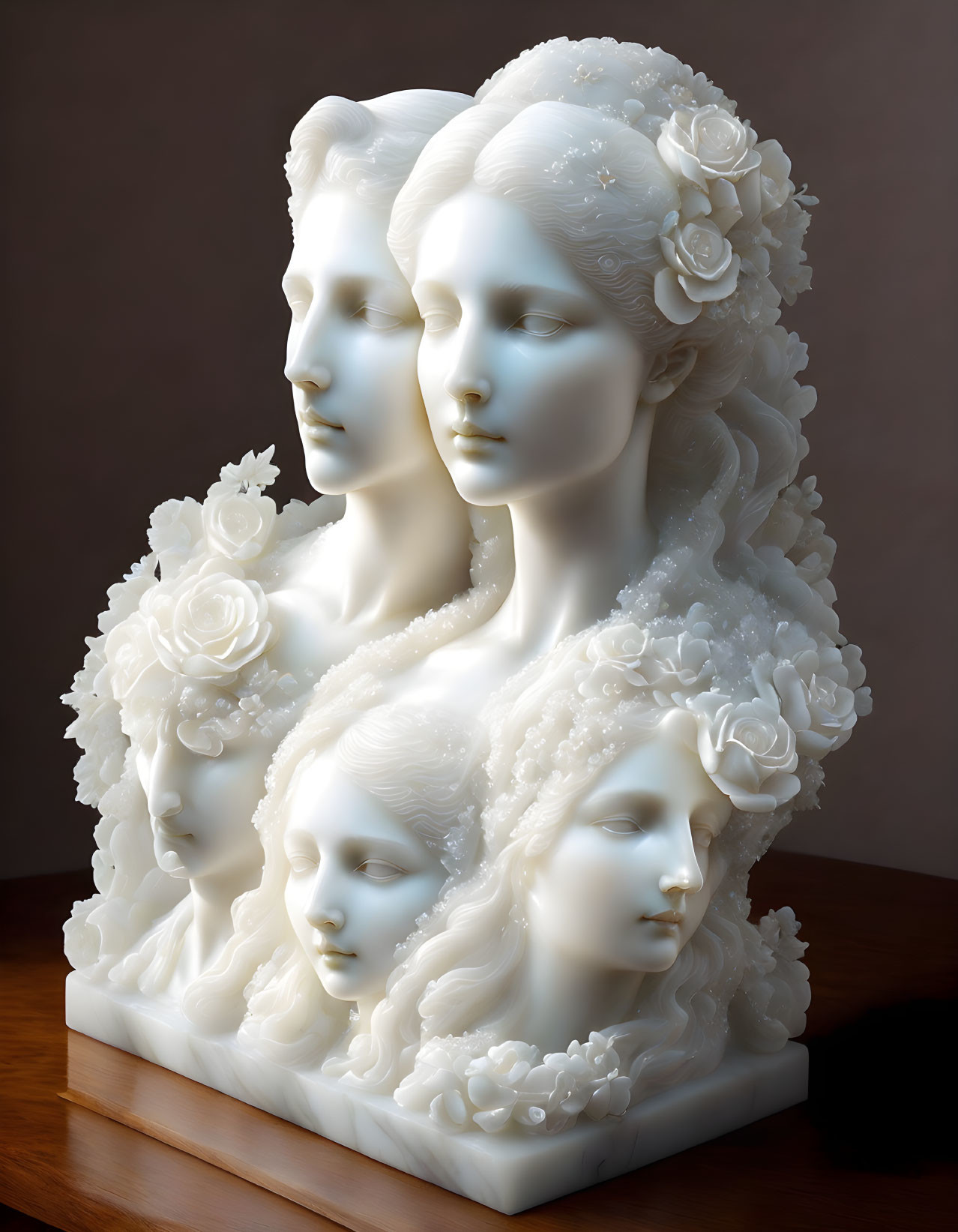 Sculpture of multiple female faces with floral adornments in flowing form