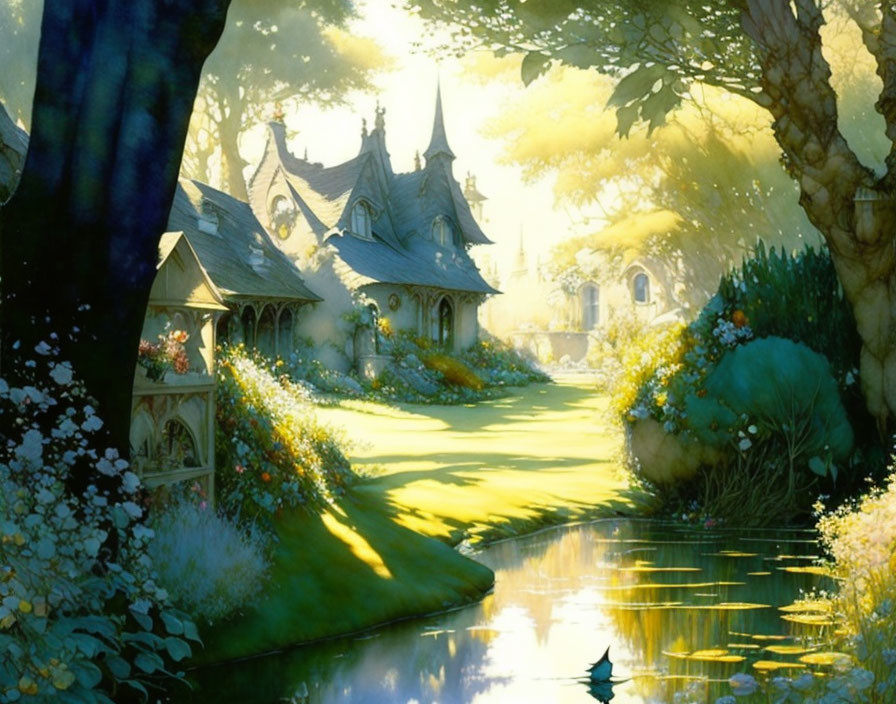 Fantasy landscape with sunlight, river, cottages, and vibrant flora.